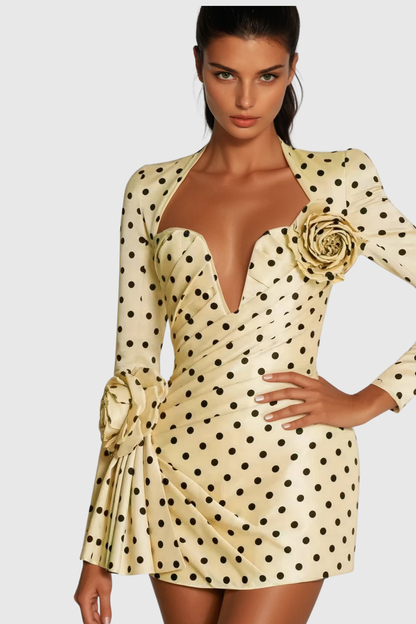 Biaggio Dot Flower Ruch Mini Dress in Yellow