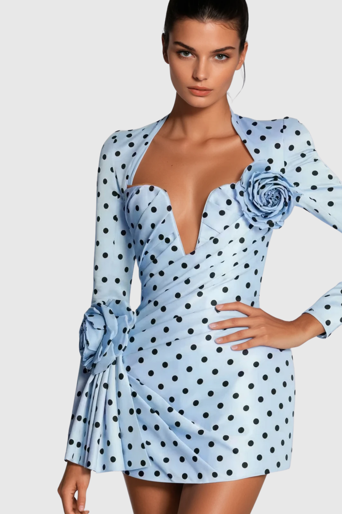 Biaggio Dot Flower Ruch Mini Dress in Blue