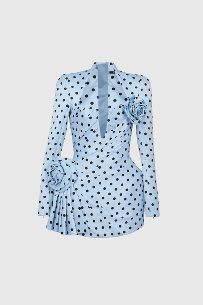 Biaggio Dot Flower Ruch Mini Dress in Blue