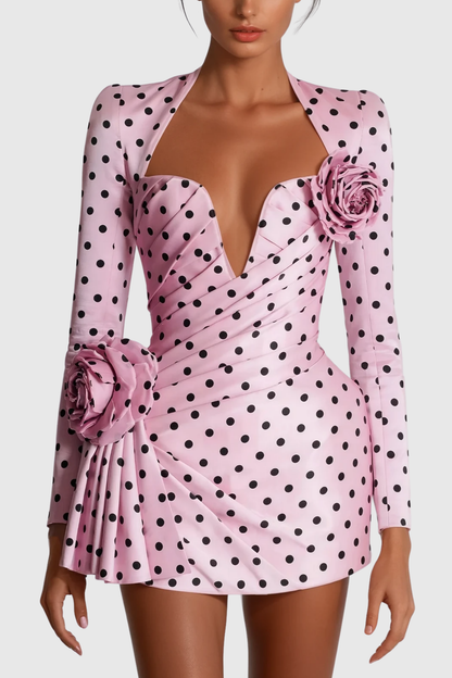 Biaggio Dot Flower Ruch Mini Dress in Pink