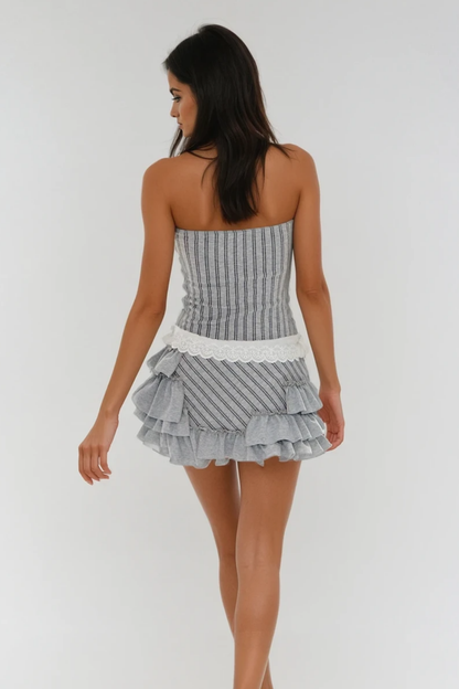 Bibek Stripe Ruffle Asymmetric Mini Dress