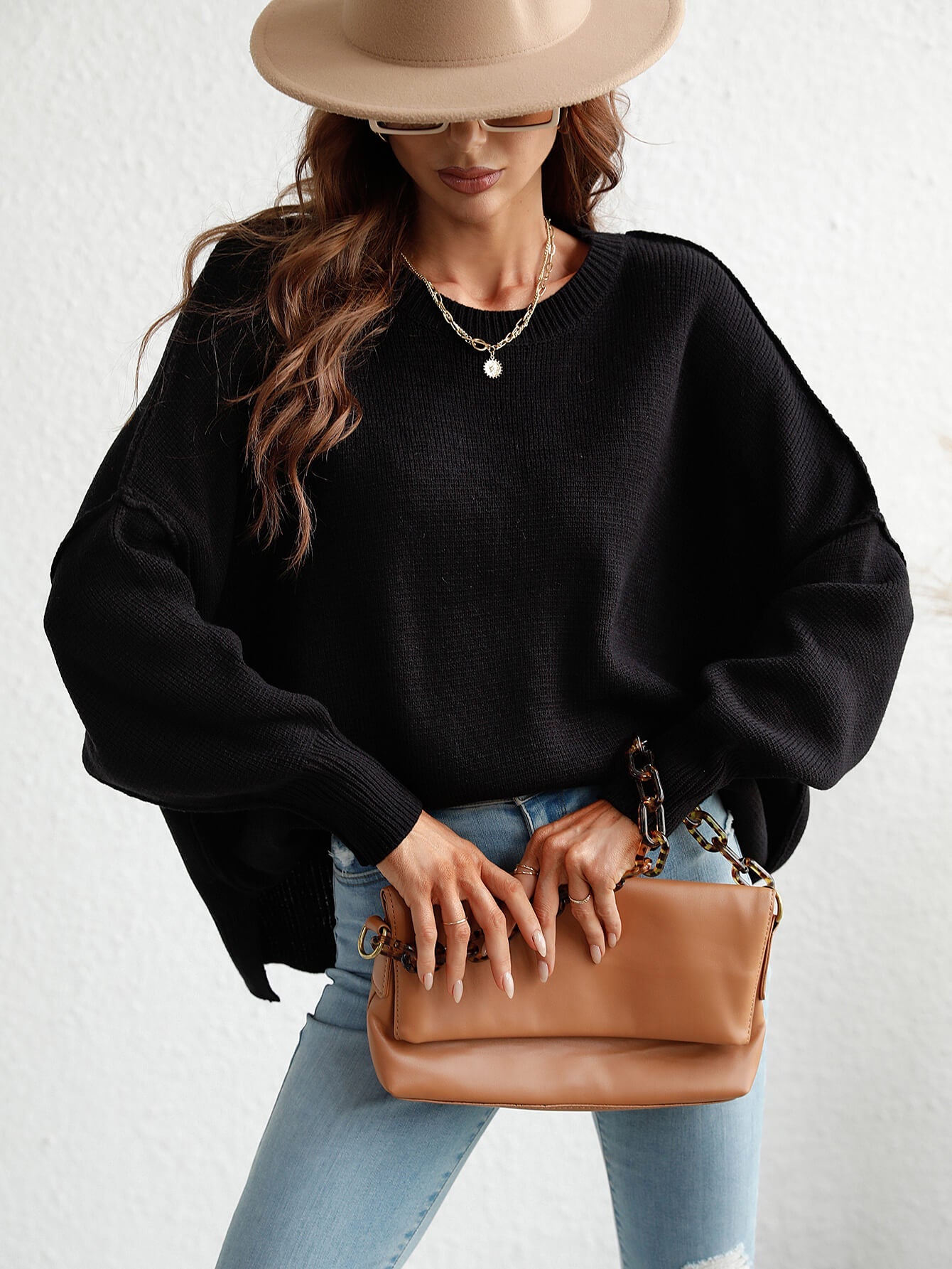 Oversized Batwing Sleeve Knit Sweater - Black