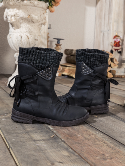 En Bloom | Black Ruched Back Tie-accent Flat Comfy Combat Boots