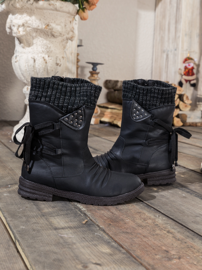 En Bloom | Black Ruched Back Tie-accent Flat Comfy Combat Boots
