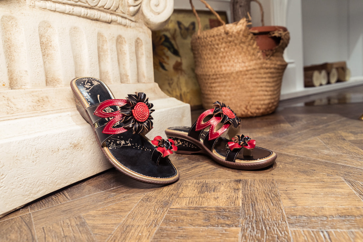 Soffia | Genuine Leather Ring Toe Appliqued Flat Flip Flop Sandals - Black