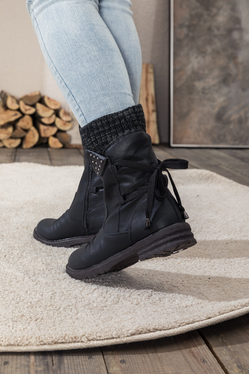 En Bloom | Black Ruched Back Tie-accent Flat Comfy Combat Boots
