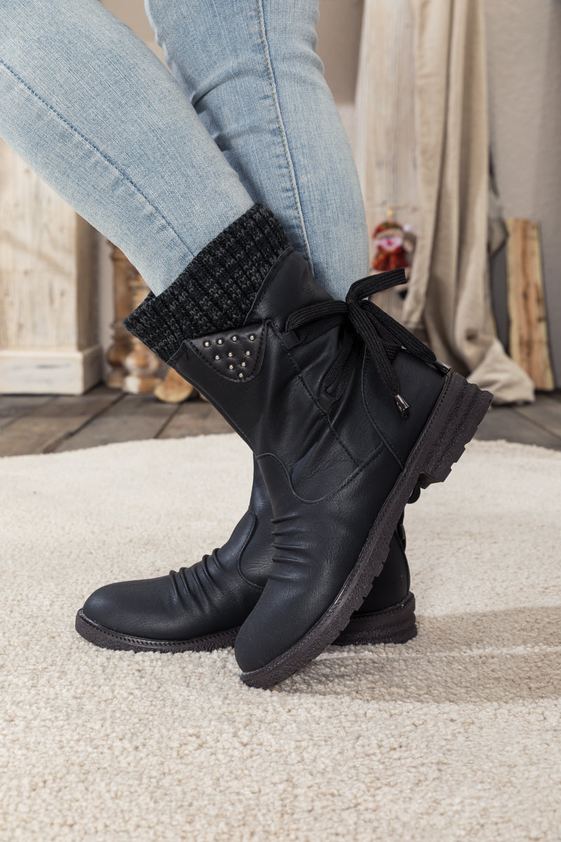 En Bloom | Black Ruched Back Tie-accent Flat Comfy Combat Boots