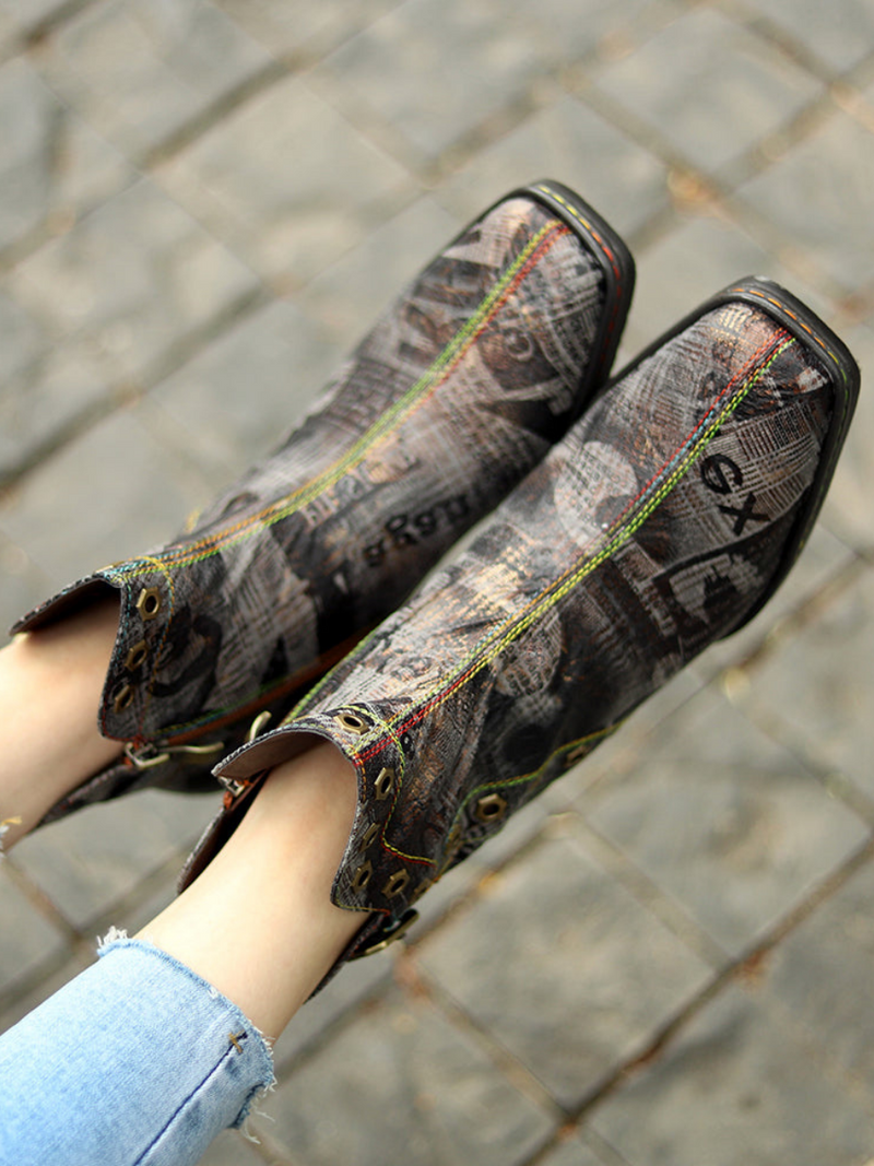 Soffia | Antique Prints With Metallic Stud Moto Boot