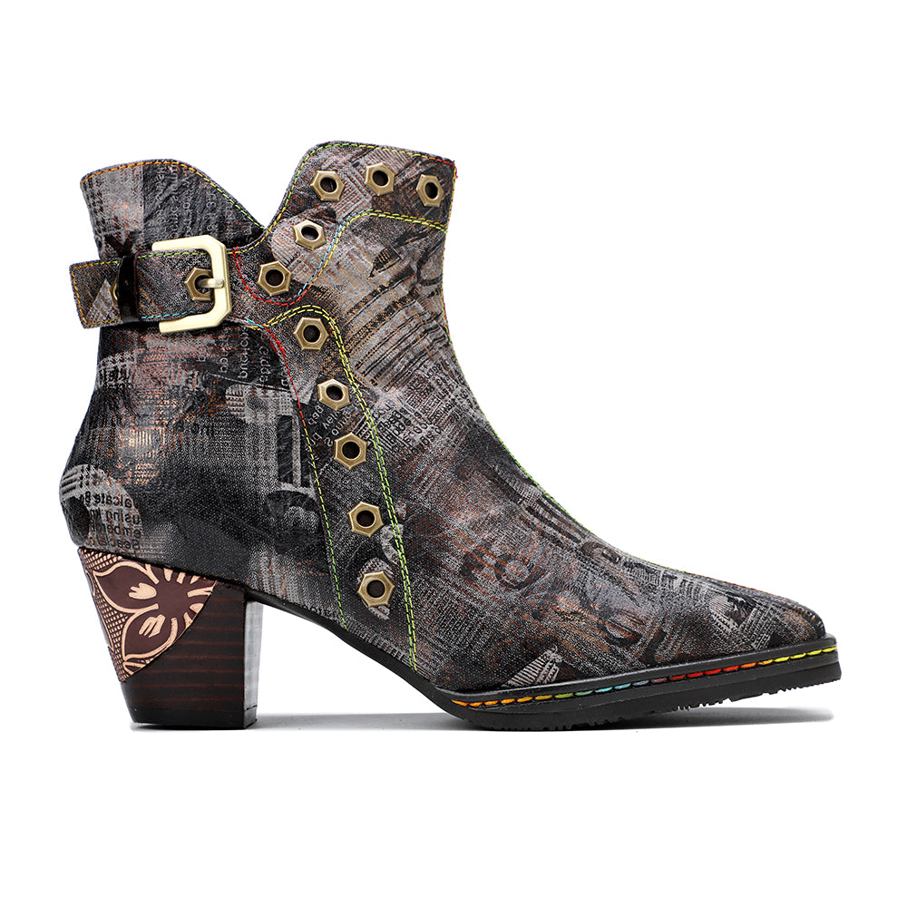 Soffia | Antique Prints With Metallic Stud Moto Boot