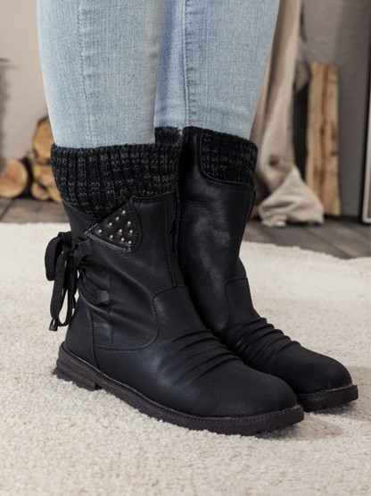 En Bloom | Black Ruched Back Tie-accent Flat Comfy Combat Boots