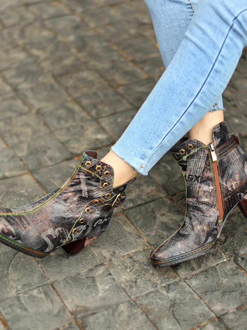 Soffia | Antique Prints With Metallic Stud Moto Boot