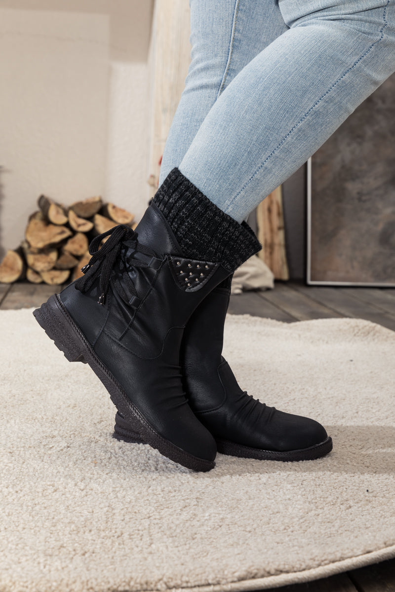 En Bloom | Black Ruched Back Tie-accent Flat Comfy Combat Boots