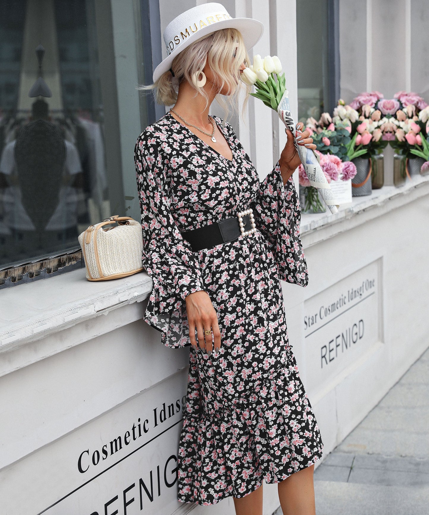 Anthem Flared Sleeve Midi Dress - Black
