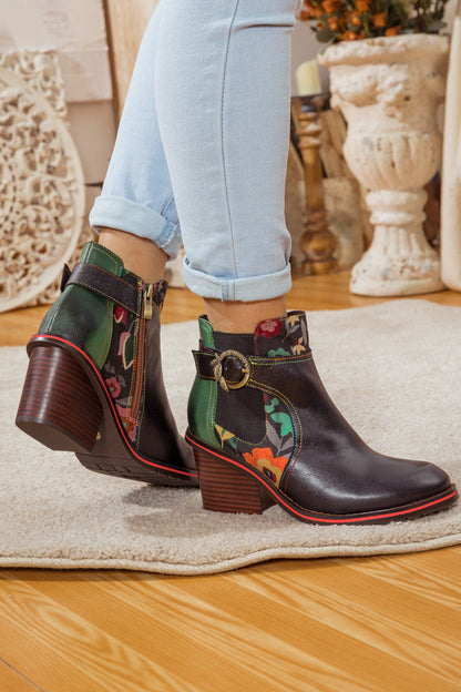 Soffia | Pattern Block Heel Leather Ankle Boot