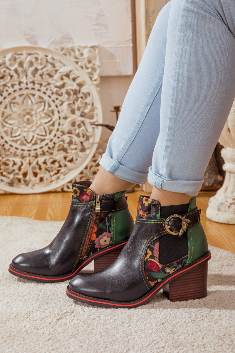 Soffia | Pattern Block Heel Leather Ankle Boot
