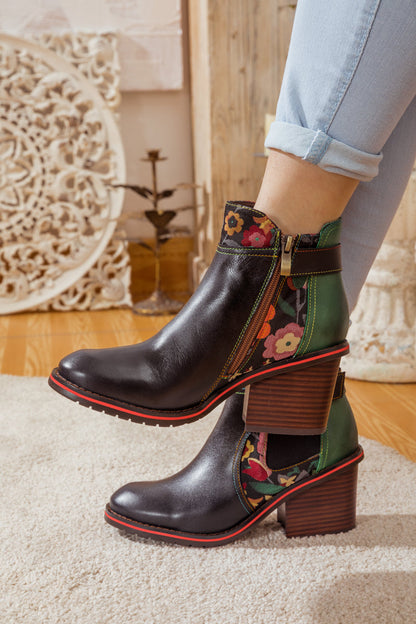 Soffia | Pattern Block Heel Leather Ankle Boot