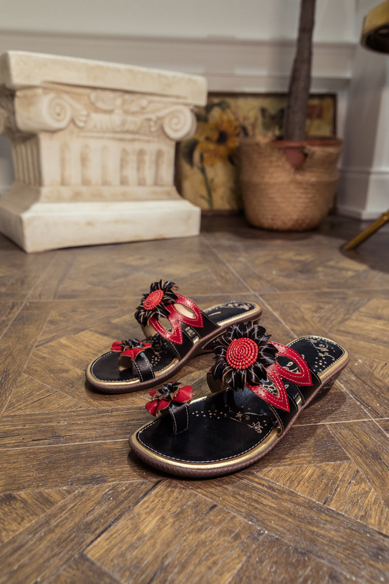 Soffia | Genuine Leather Ring Toe Appliqued Flat Flip Flop Sandals - Black