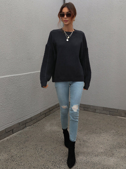 Braided Sleeve Knit Sweater - Black