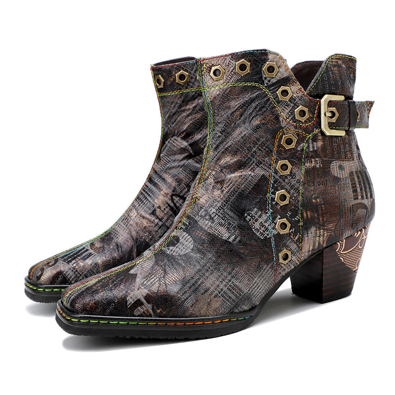 Soffia | Antique Prints With Metallic Stud Moto Boot