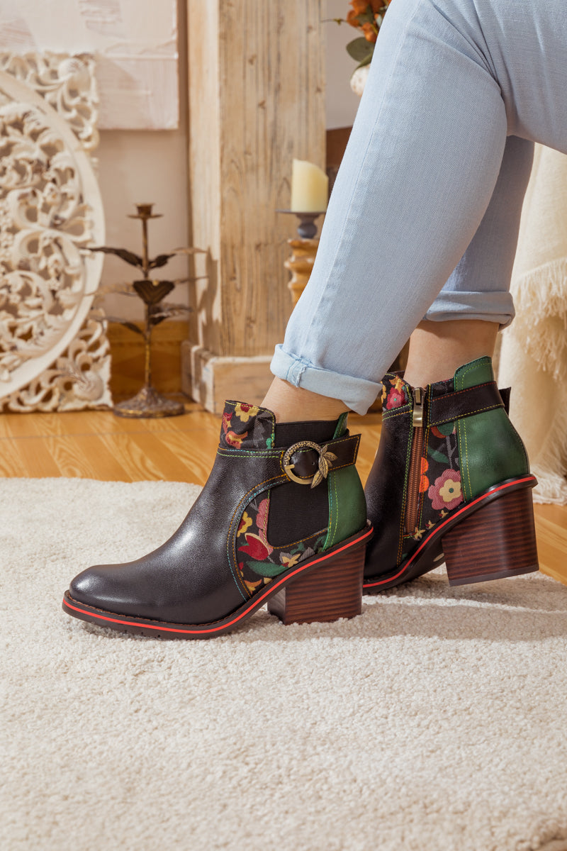 Soffia | Pattern Block Heel Leather Ankle Boot