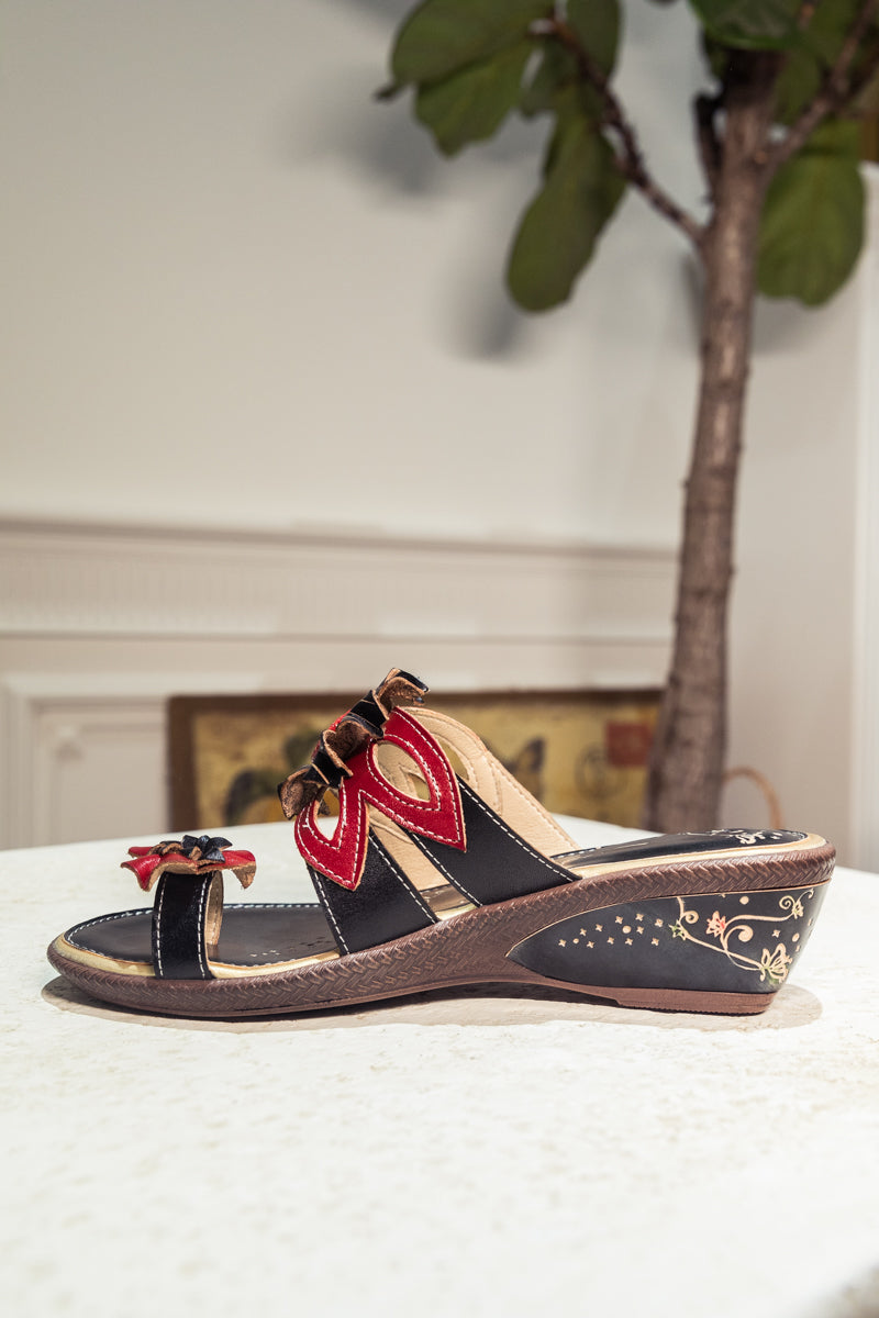 Soffia | Genuine Leather Ring Toe Appliqued Flat Flip Flop Sandals - Black