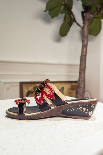Soffia | Genuine Leather Ring Toe Appliqued Flat Flip Flop Sandals - Black