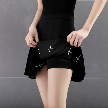 Black High Waist Pleated Gothic Cross Print Skirt