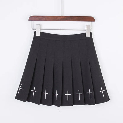 Black High Waist Pleated Gothic Cross Print Skirt