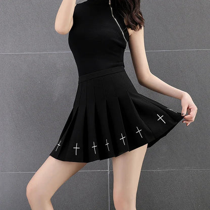 Black High Waist Pleated Gothic Cross Print Skirt