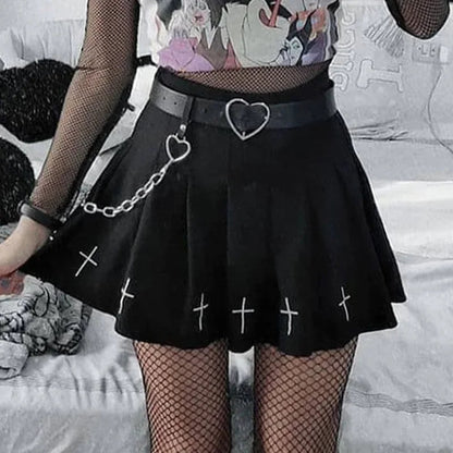 Black High Waist Pleated Gothic Cross Print Skirt