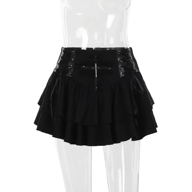 Black Lace Trim Cross Lace-up Mini A-line Layered Short Summer Autumn Skirt