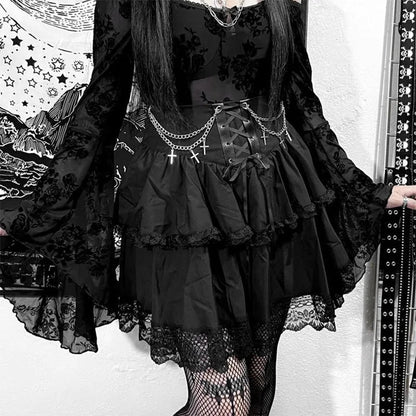 Black Mini Gothic Drawstring Folds High Waist Irregular Ruffle Patchwork Fairycore Skirt