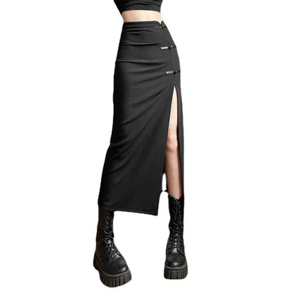 Black A-line Slits High Waist Slim Hip-covering Mid-length Long Skirt