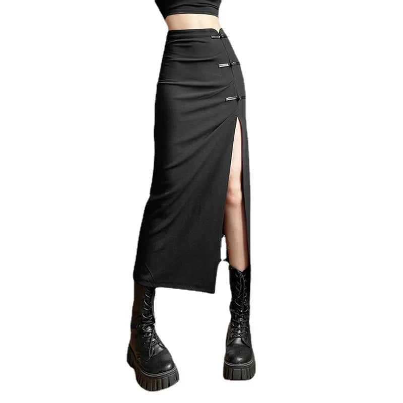 Black A-line Slits High Waist Slim Hip-covering Mid-length Long Skirt