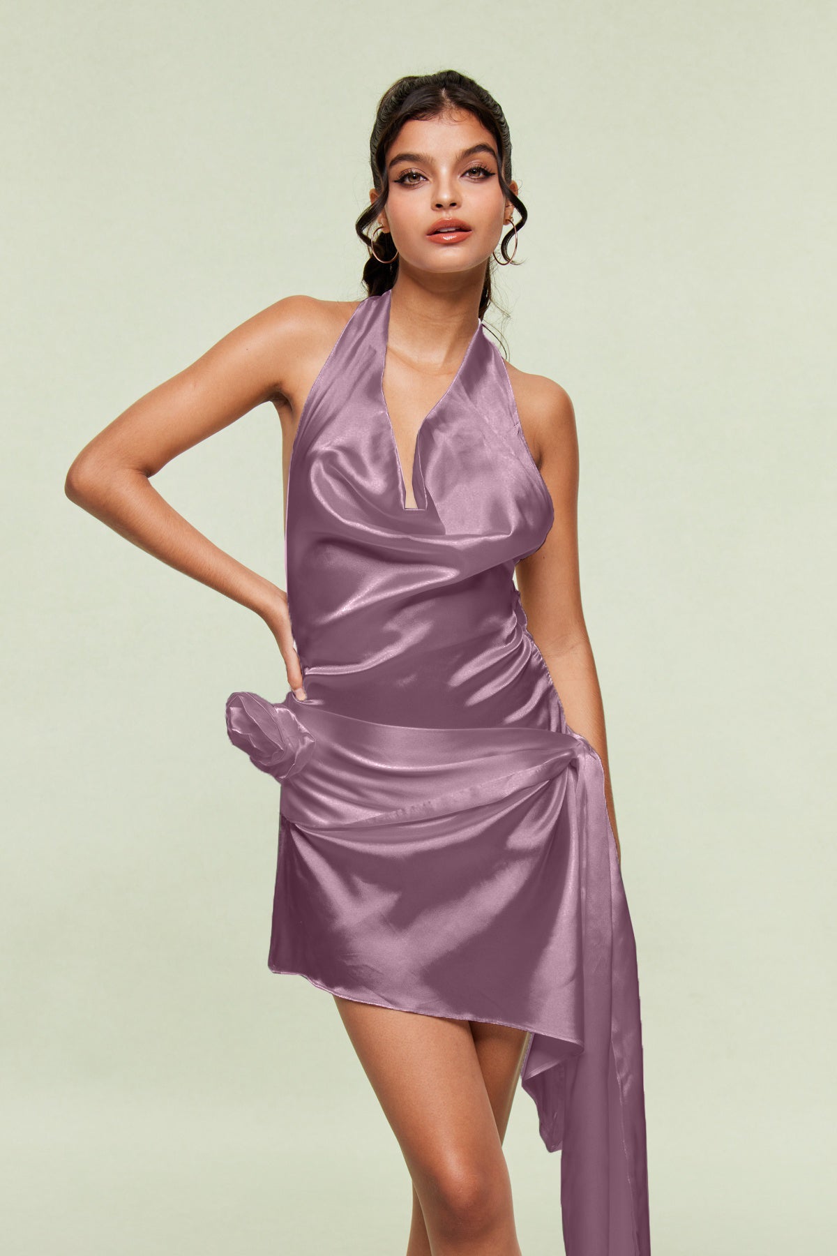 Blagoy Satin Flower Fringe Mini Dress in Purple