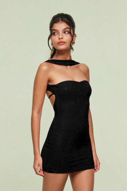 Blandus Rhinestone Halter Neck Mini Dress in Black