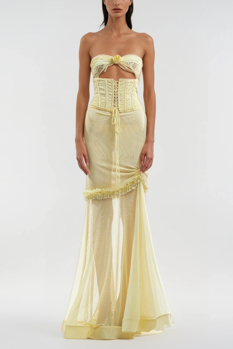 Blodeuedd Cutout Mesh Corset Maxi Dress