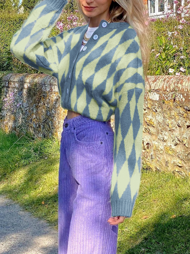 Doll | Felise Chess Patterned Knit Cardigan - Blue