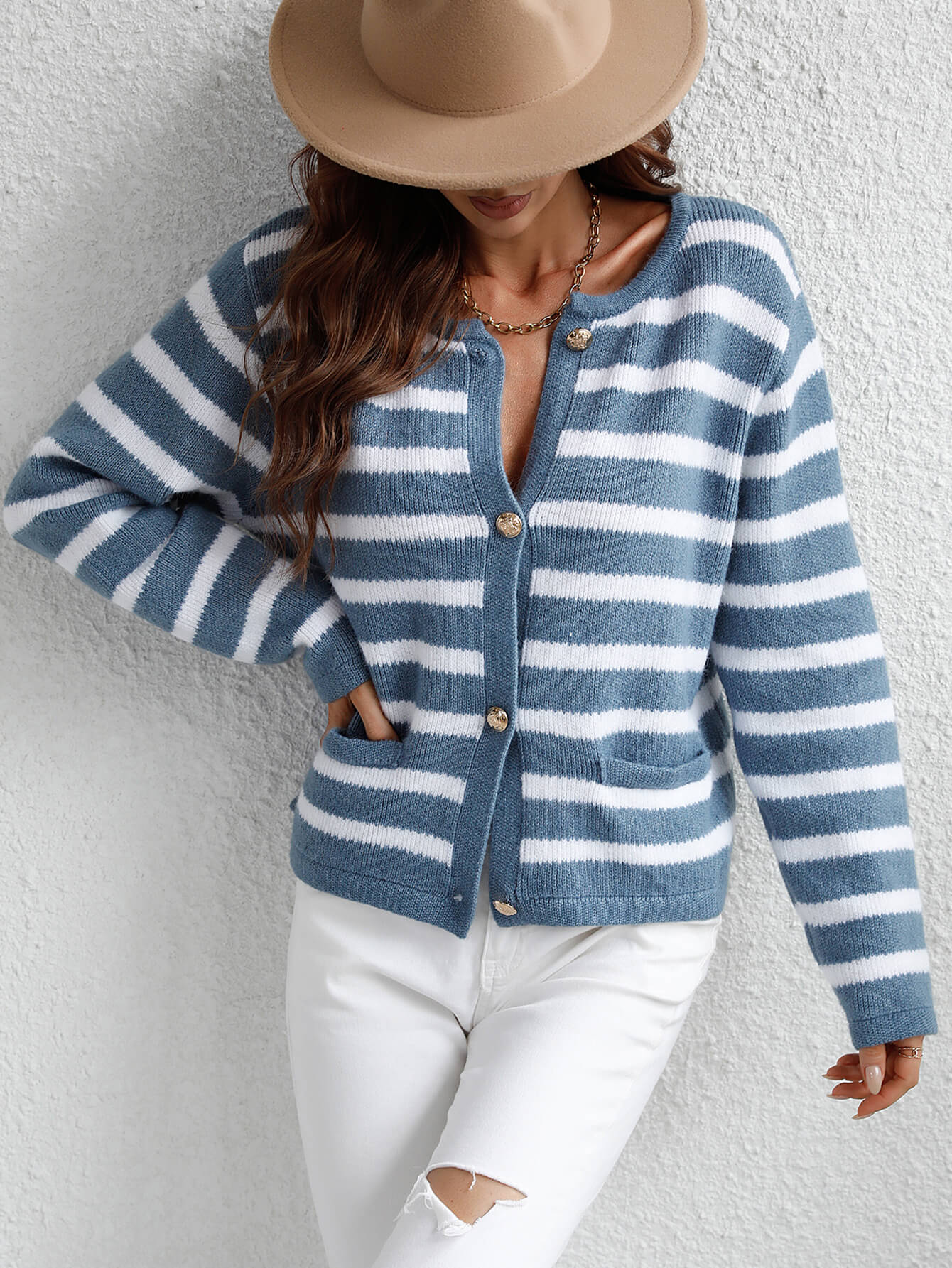Stripe Pocket Button Up Knit Cardigan - Blue