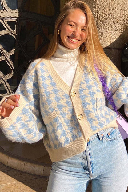 Blue V Neck Pied De Poule Cardigan