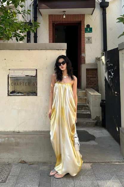 French Tie-dye Maxi Dress _ Ruched Slip Dress for Summer Beach Getaway