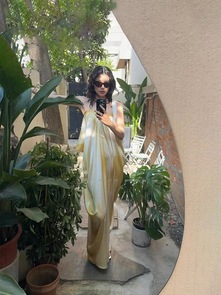 French Tie-dye Maxi Dress _ Ruched Slip Dress for Summer Beach Getaway