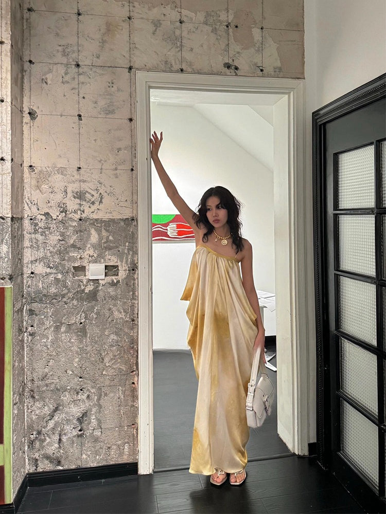 French Tie-dye Maxi Dress _ Ruched Slip Dress for Summer Beach Getaway