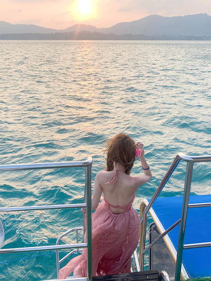 Blush Pink Halter Backless Maxi Dress _ Dreamy Vacation & Beach Photoshoot Look