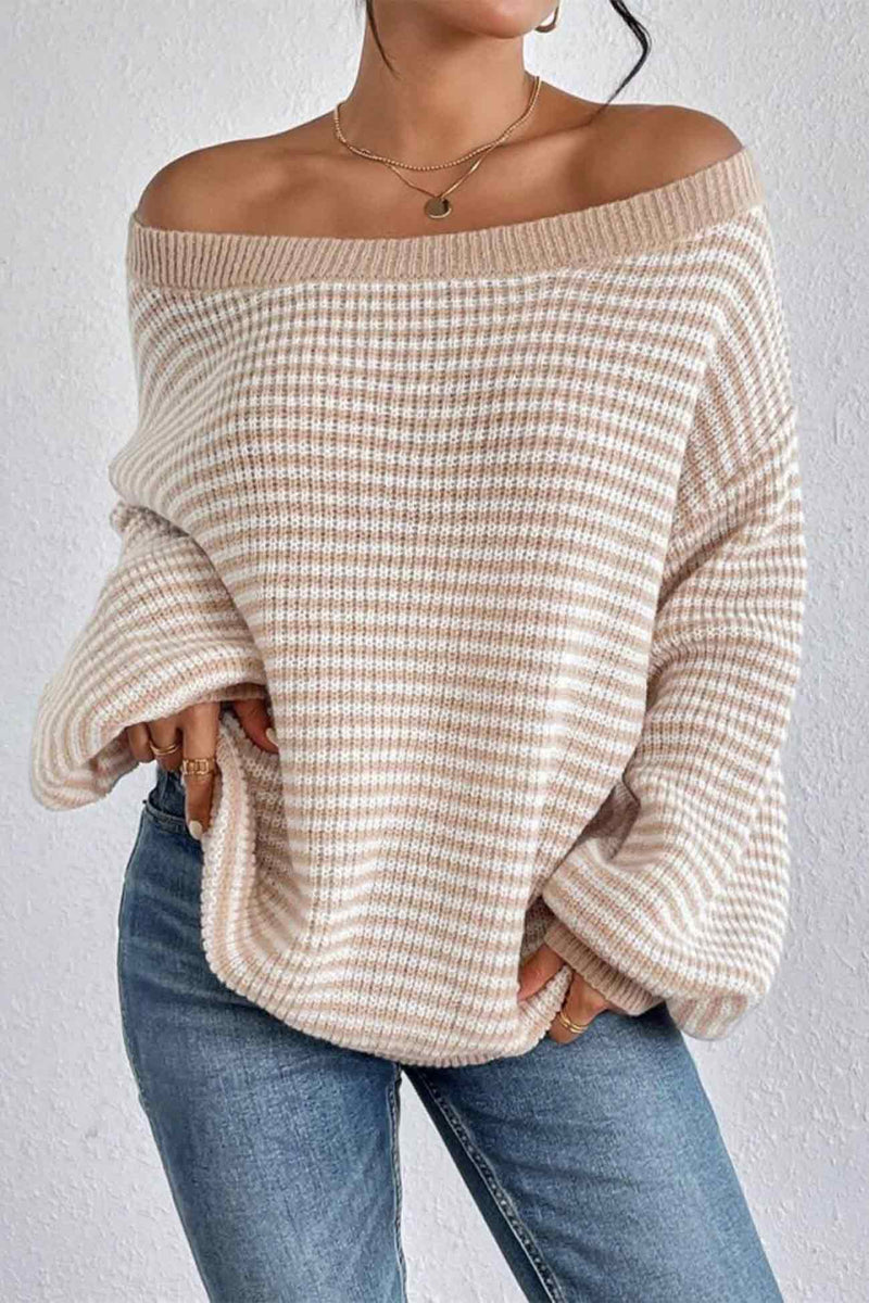 Boat Neck Drop Shoulder Striped Sweater