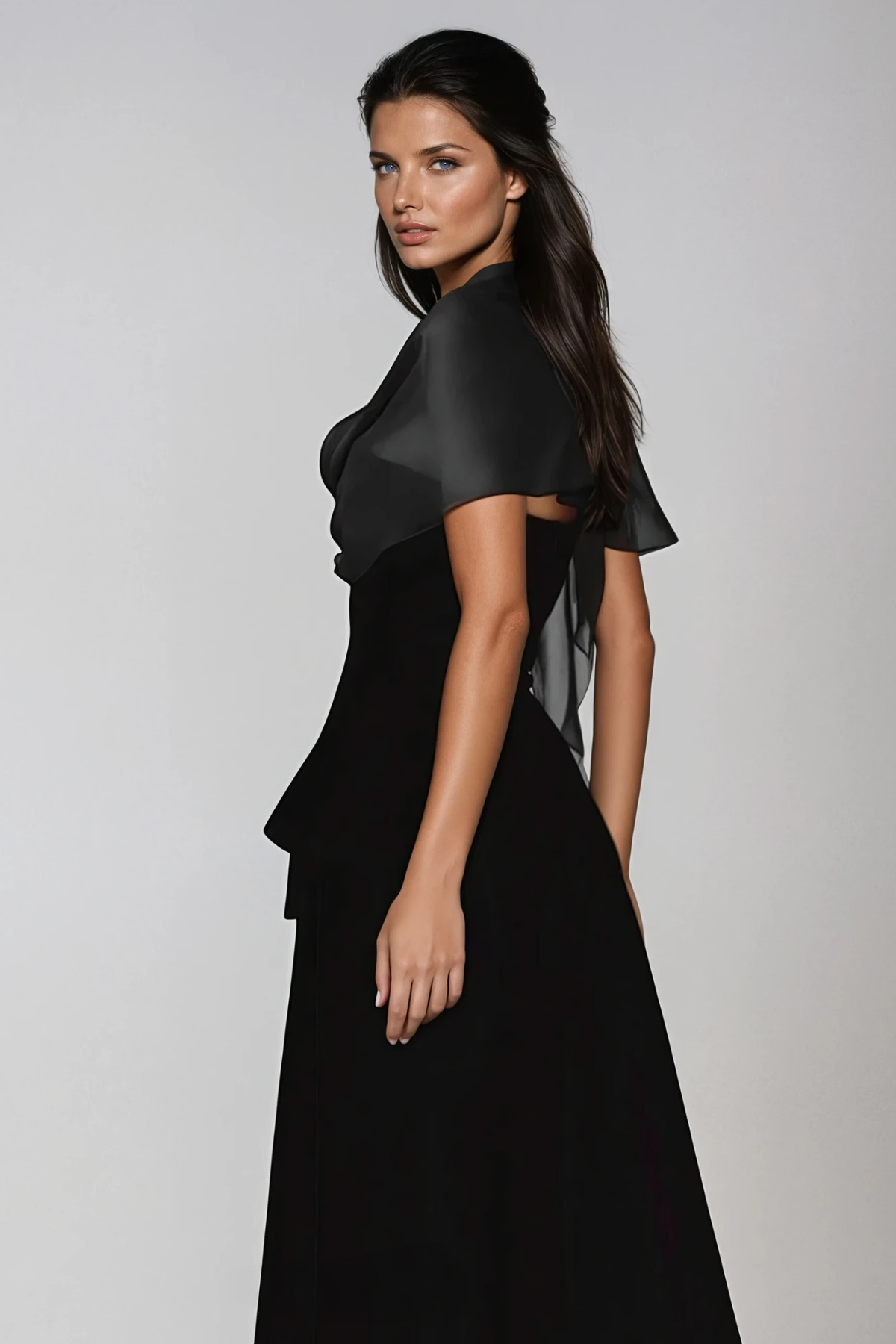 Bobbie Mesh Shawl Maxi Dress in Black