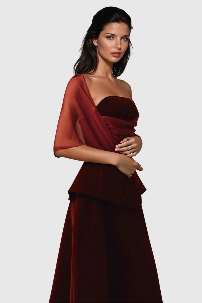Bobbie Mesh Shawl Maxi Dress in Red
