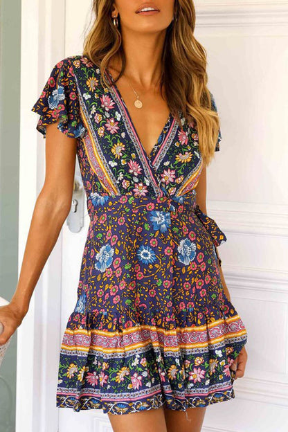 V Neck Tie-waist Slit Mini Dress