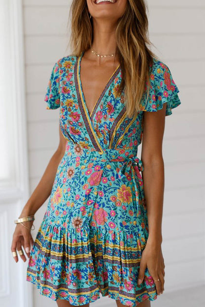V Neck Tie-waist Slit Mini Dress