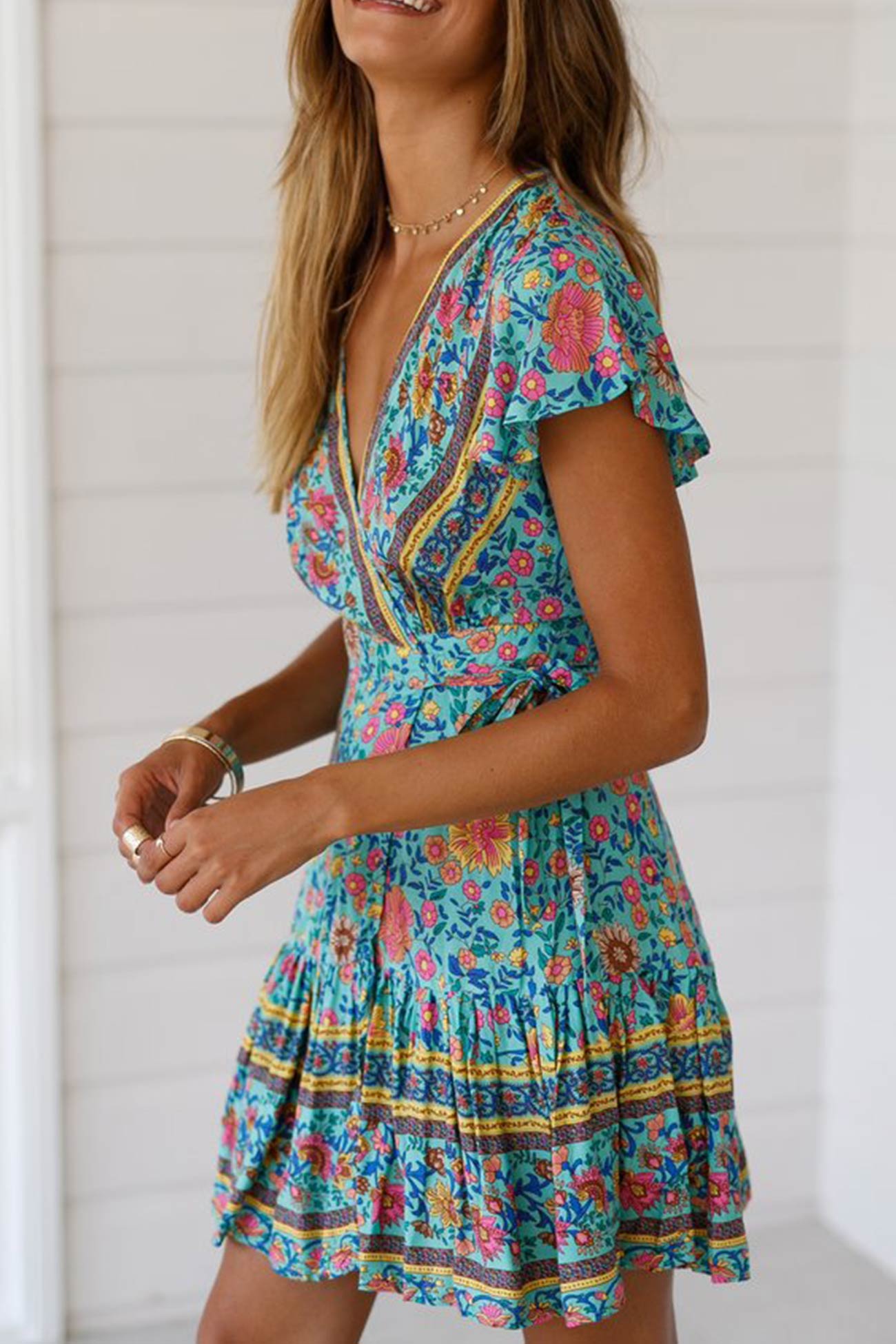 V Neck Tie-waist Slit Mini Dress